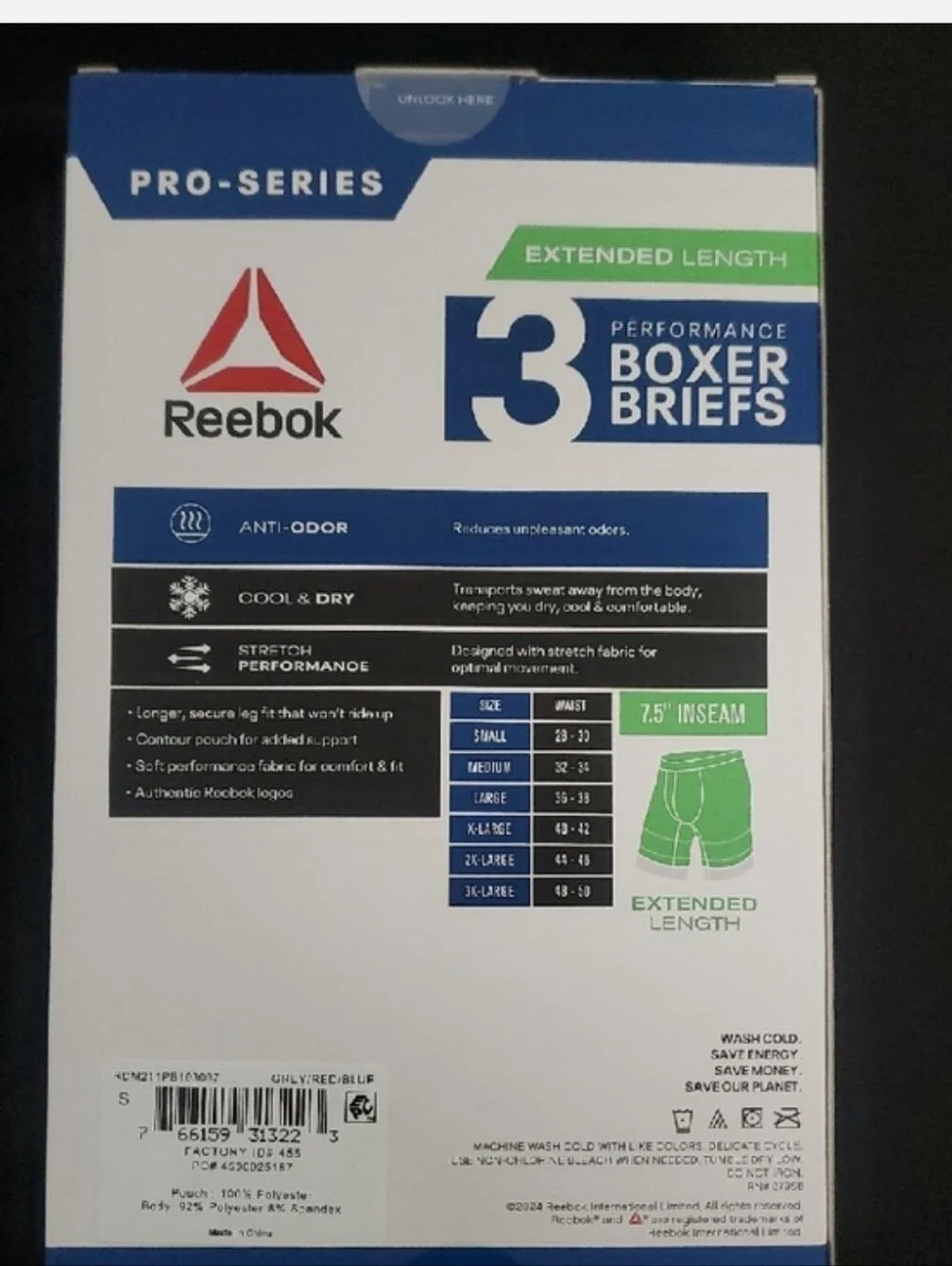 Reebok Performance 3-Pack Men’s Boxer Briefs, NIB